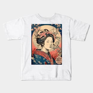 Vintage Rose Blossoms Japanese Woodblock Maple Streetwear Hipster Asian Inspired Retro Manga Samurai Buddleja Kids T-Shirt